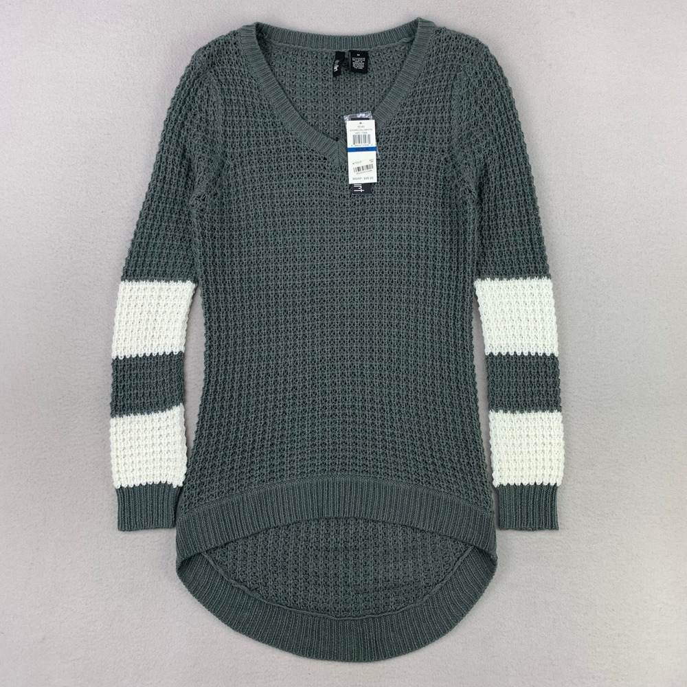 Ultra Flirt Sweater Womens M Green NWT Long Sleeve Striped Preppy V-Neck